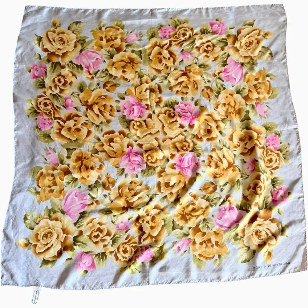 Vintage Adrienne Vittadini Silk Scarf 1990s Gold Pink Rose Floral 34 Square